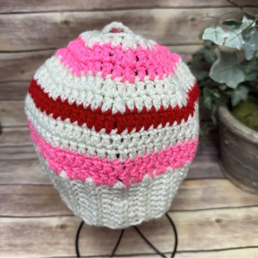 Handmade Heart Knit Hat - Red, Pink, Cream. Messy Bun